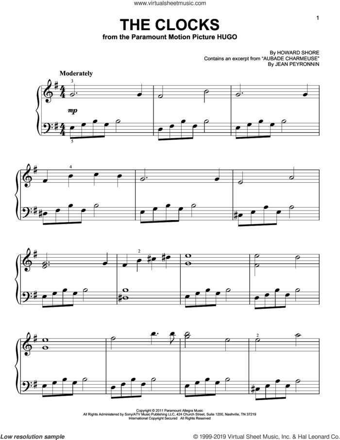The Clocks (from Hugo) sheet music for piano solo by Howard Shore, beginner skill level