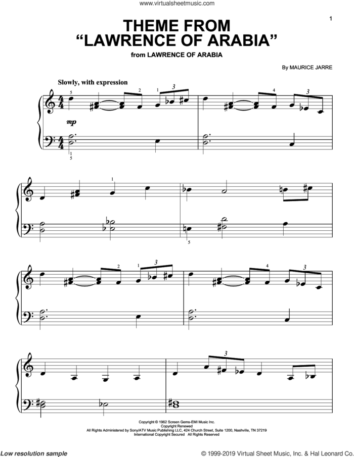 Theme From 'Lawrence Of Arabia' sheet music for piano solo by Maurice Jarre, beginner skill level