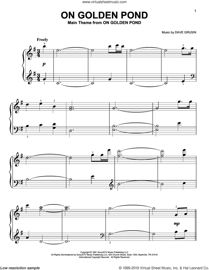 On Golden Pond (from On Golden Pond) sheet music for piano solo by Dave Grusin, beginner skill level