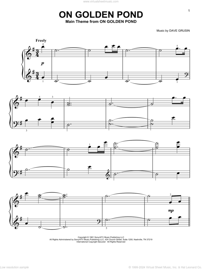 On Golden Pond (from On Golden Pond) sheet music for piano solo by Dave Grusin, beginner skill level