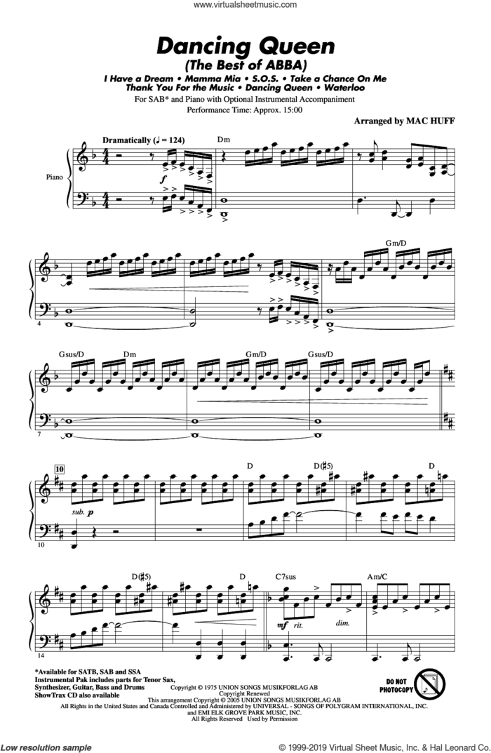 Mamma Mia! - Highlights from the Movie Soundtrack (arr. Mac Huff) sheet music for choir (SAB: soprano, alto, bass) by ABBA, Mac Huff, Benny Andersson, Bjorn Ulvaeus and Stig Anderson, intermediate skill level