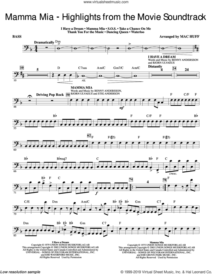 Mamma Mia!, highlights from the movie soundtrack (arr. mac huff) sheet music for orchestra/band (bass) by ABBA, Mac Huff, Benny Andersson, Bjorn Ulvaeus and Stig Anderson, intermediate skill level
