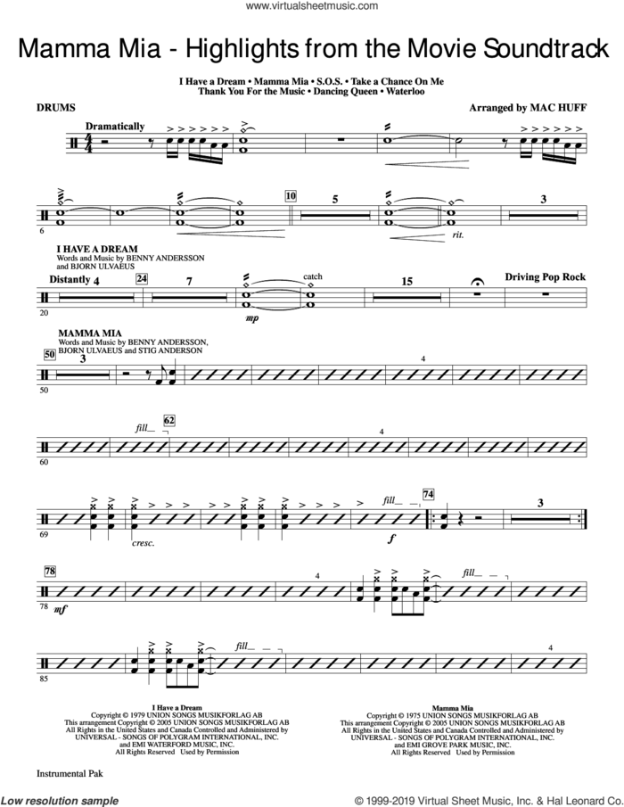 Mamma Mia!, highlights from the movie soundtrack (arr. mac huff) sheet music for orchestra/band (drums) by ABBA, Mac Huff, Benny Andersson, Bjorn Ulvaeus and Stig Anderson, intermediate skill level