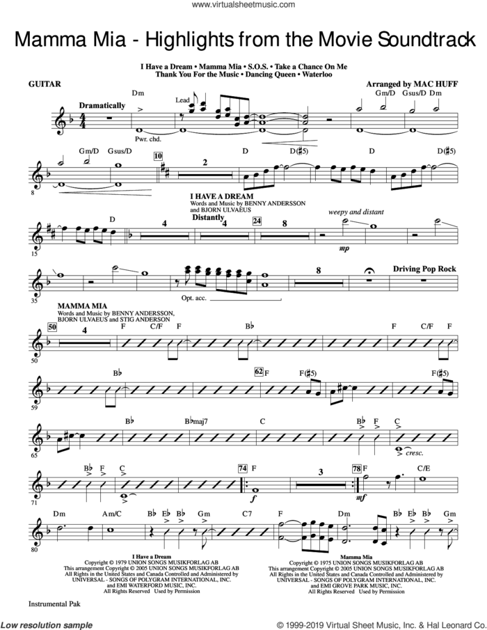 Mamma Mia!, highlights from the movie soundtrack (arr. mac huff) sheet music for orchestra/band (guitar) by ABBA, Mac Huff, Benny Andersson, Bjorn Ulvaeus and Stig Anderson, intermediate skill level