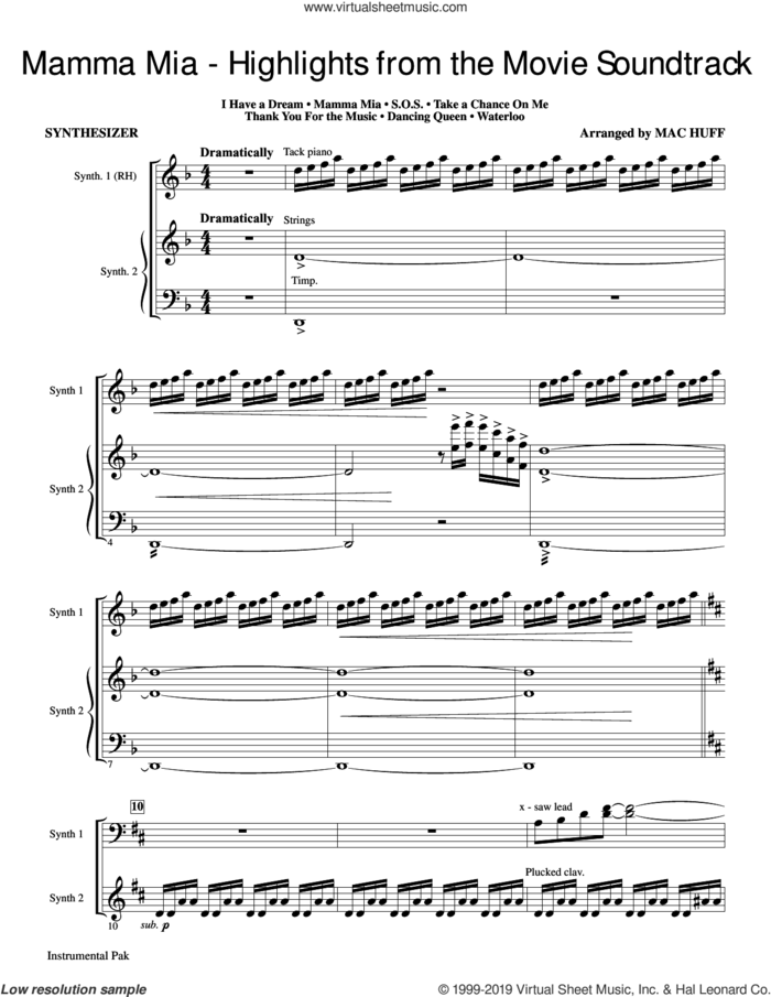 Mamma Mia!, highlights from the movie soundtrack (arr. mac huff) sheet music for orchestra/band (synthesizer) by ABBA, Mac Huff, Benny Andersson, Bjorn Ulvaeus and Stig Anderson, intermediate skill level