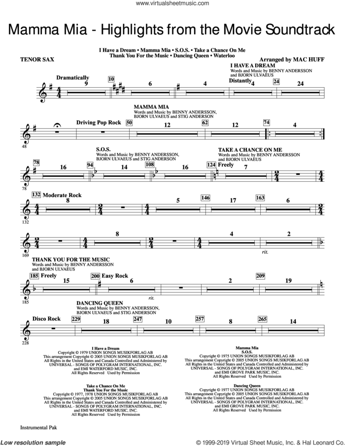 Mamma Mia!, highlights from the movie soundtrack (arr. mac huff) sheet music for orchestra/band (tenor sax) by ABBA, Mac Huff, Benny Andersson, Bjorn Ulvaeus and Stig Anderson, intermediate skill level