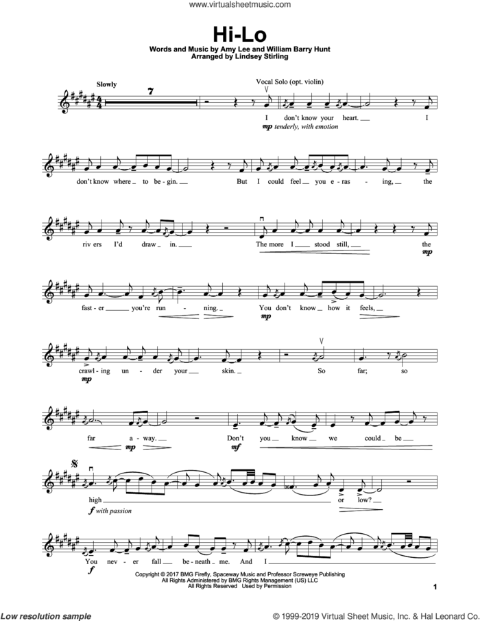 Hi-Lo sheet music for violin solo by Lindsey Stirling, Evanescence, Amy Lee and William Barry Hunt, intermediate skill level