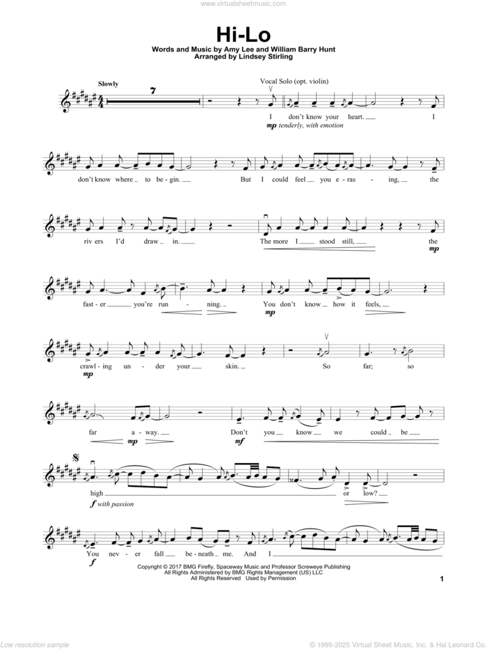 Hi-Lo sheet music for violin solo by Lindsey Stirling, Evanescence, Amy Lee and William Barry Hunt, intermediate skill level