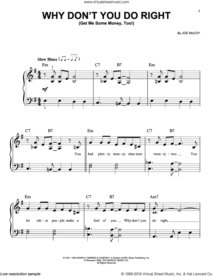 Why Don't You Do Right (Get Me Some Money, Too!) sheet music for piano solo by Peggy Lee and Joe McCoy, easy skill level