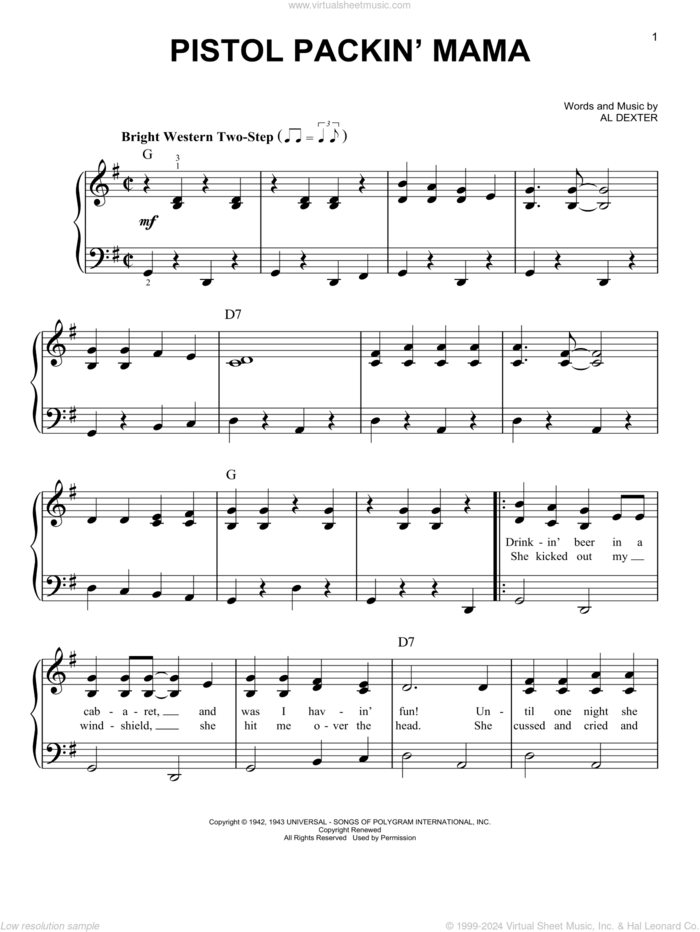 Pistol Packin' Mama sheet music for piano solo by Al Dexter, easy skill level