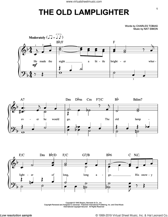 The Old Lamplighter sheet music for piano solo by The Browns, Charles Tobias and Nat Simon, easy skill level