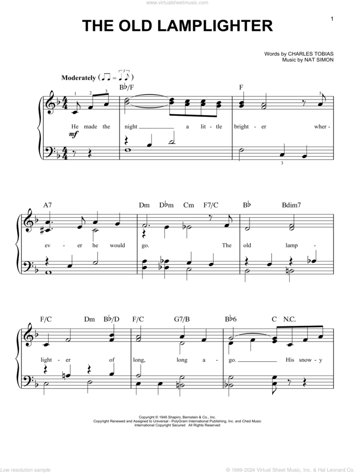 The Old Lamplighter sheet music for piano solo by The Browns, Charles Tobias and Nat Simon, easy skill level