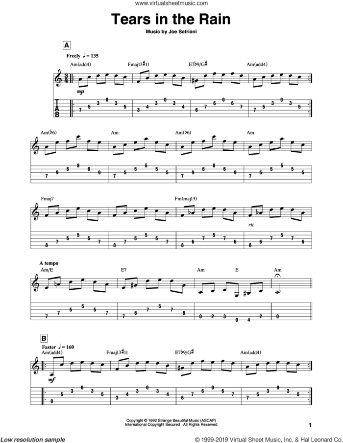 Tears In The Rain sheet music for guitar solo by Joe Satriani, intermediate skill level