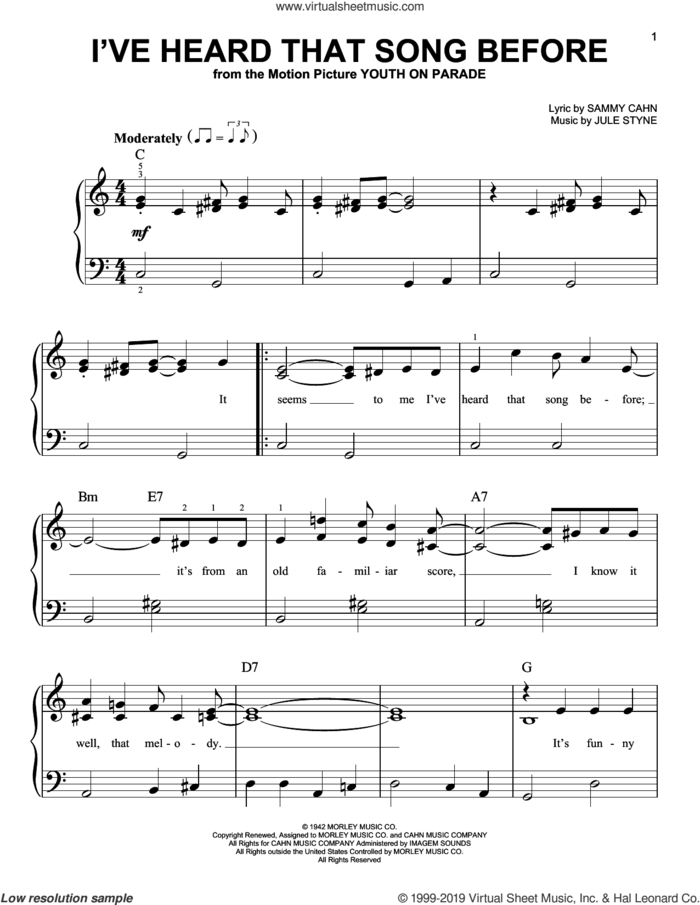 I've Heard That Song Before sheet music for piano solo by Jule Styne and Sammy Cahn, easy skill level