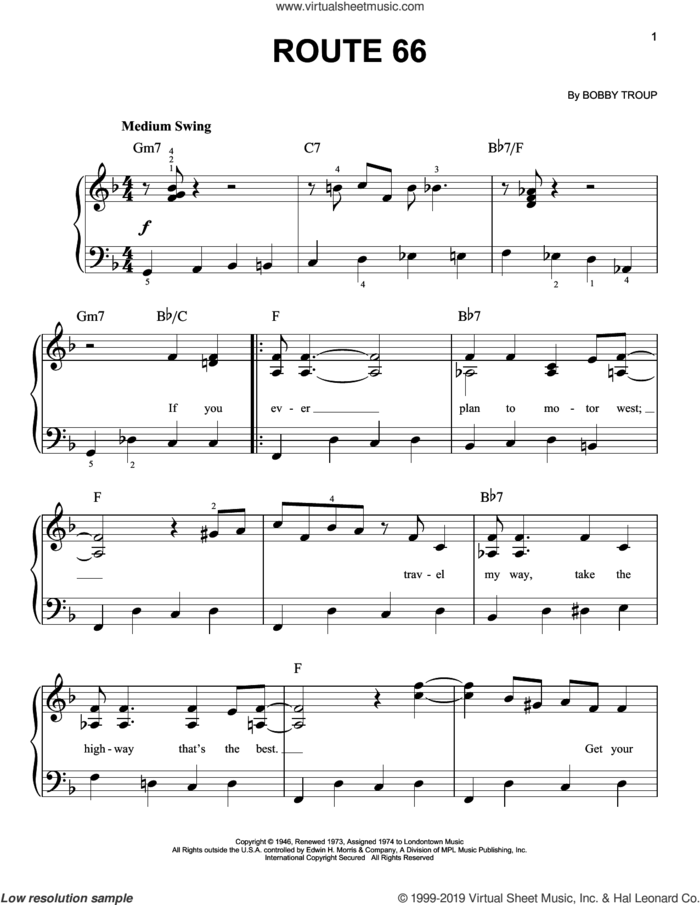 Route 66 sheet music for piano solo by Bobby Troup, easy skill level