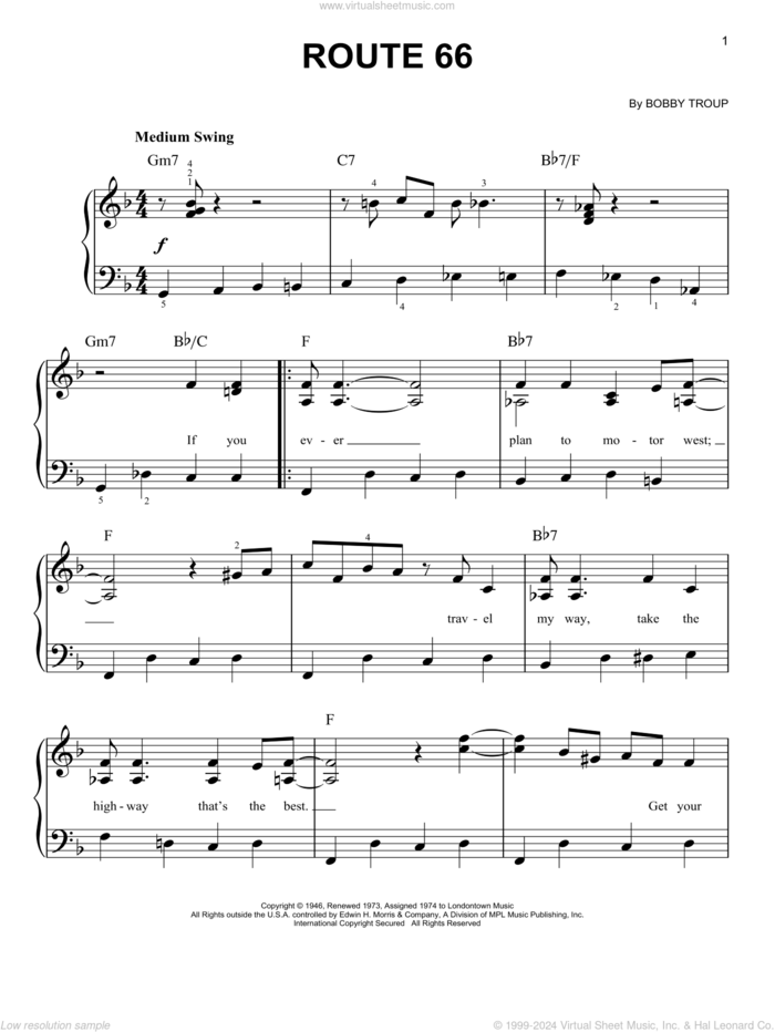 Route 66 sheet music for piano solo by Bobby Troup, easy skill level