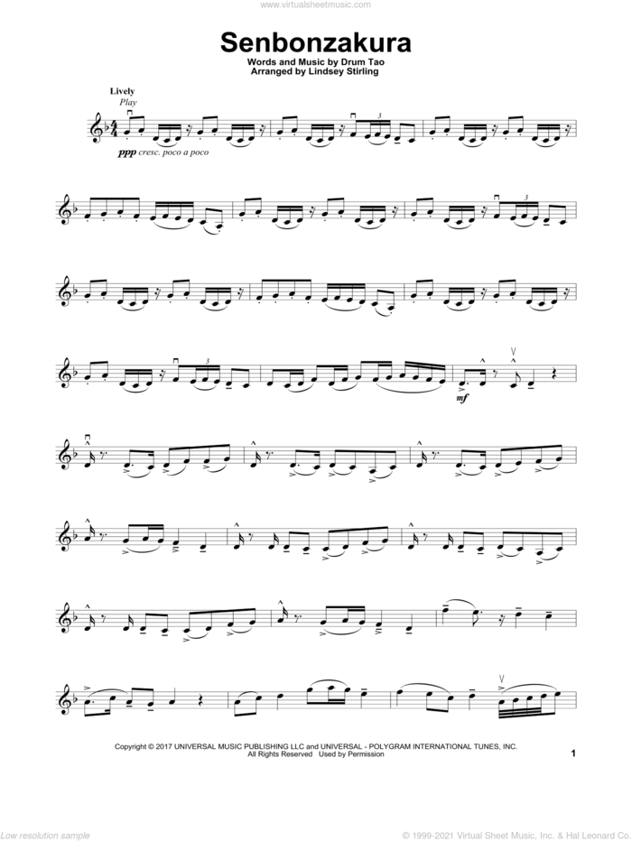 Senbonzakura sheet music for violin solo by Lindsey Stirling and Drum Tao, intermediate skill level