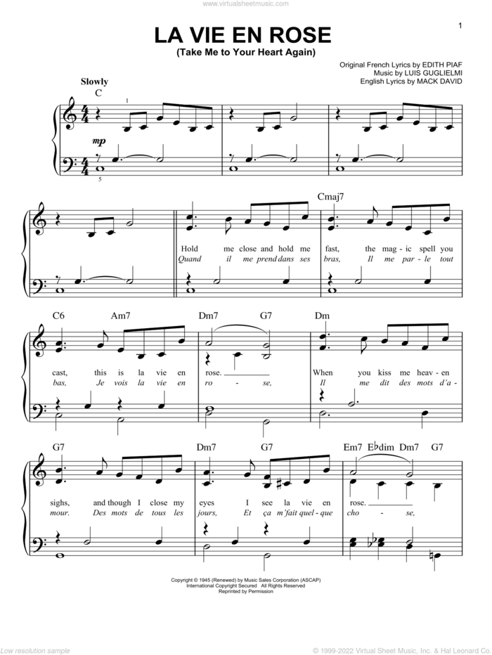 La Vie En Rose (Take Me To Your Heart Again) sheet music for piano solo by Edith Piaf, Mack David and Marcel Louiguy, wedding score, easy skill level