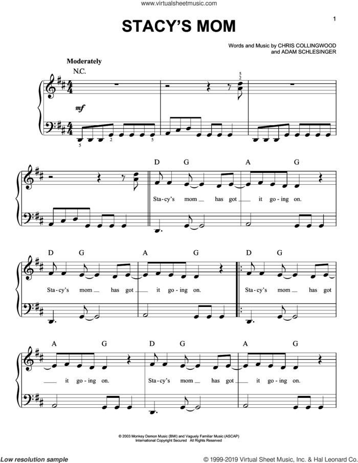 Stacy's Mom sheet music for piano solo by Fountains Of Wayne, Adam Schlesinger and Chris Collingwood, easy skill level