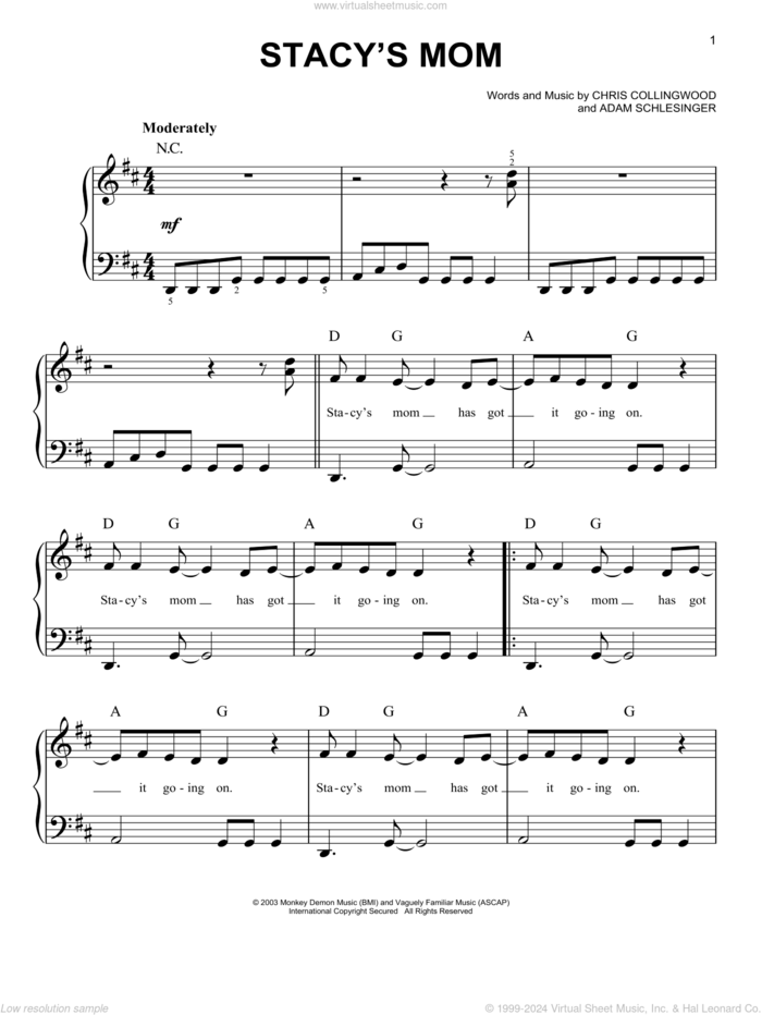 Stacy's Mom sheet music for piano solo by Fountains Of Wayne, Adam Schlesinger and Chris Collingwood, easy skill level