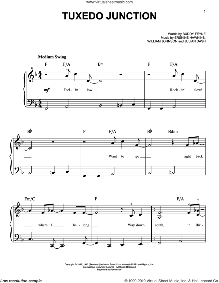 Tuxedo Junction sheet music for piano solo by Erskine Hawkins, Buddy Feyne, Julian Dash and William Johnson, easy skill level