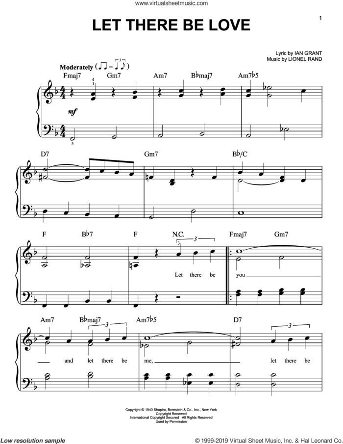 Let There Be Love sheet music for piano solo by Ian Grant and Lionel Rand, easy skill level