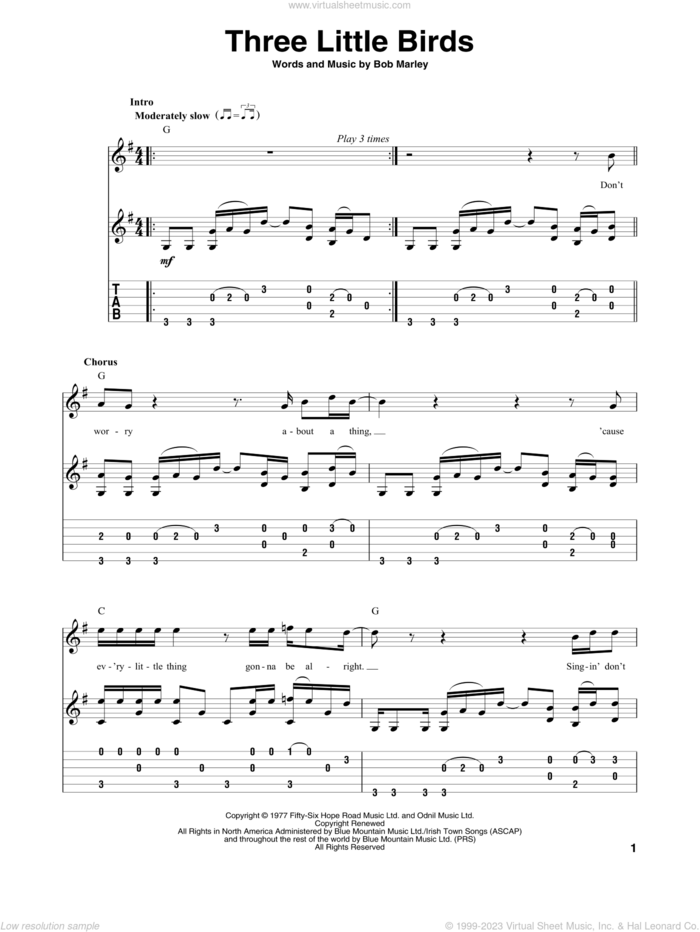 Three Little Birds, (intermediate) sheet music for guitar solo by Bob Marley, intermediate skill level