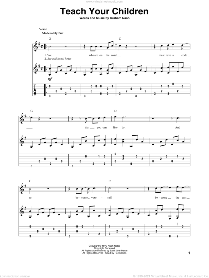 Teach Your Children sheet music for guitar solo by Crosby, Stills, Nash & Young and Graham Nash, intermediate skill level