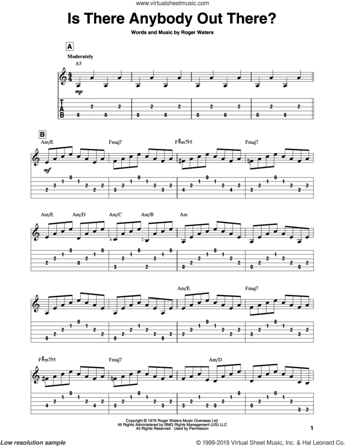 Is There Anybody Out There? sheet music for guitar solo by Pink Floyd and Roger Waters, intermediate skill level