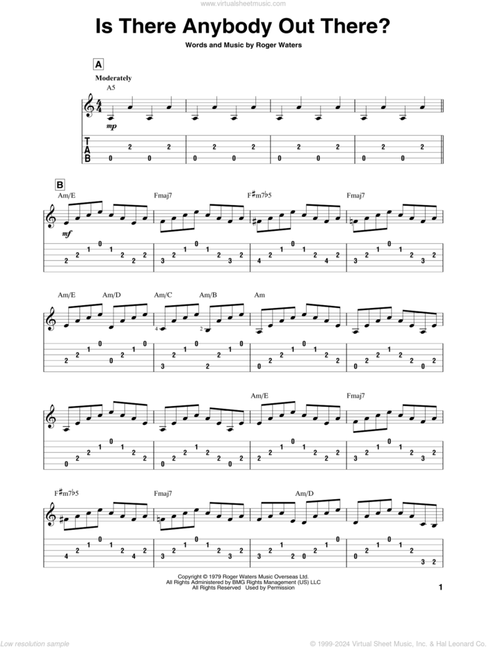 Is There Anybody Out There? sheet music for guitar solo by Pink Floyd and Roger Waters, intermediate skill level