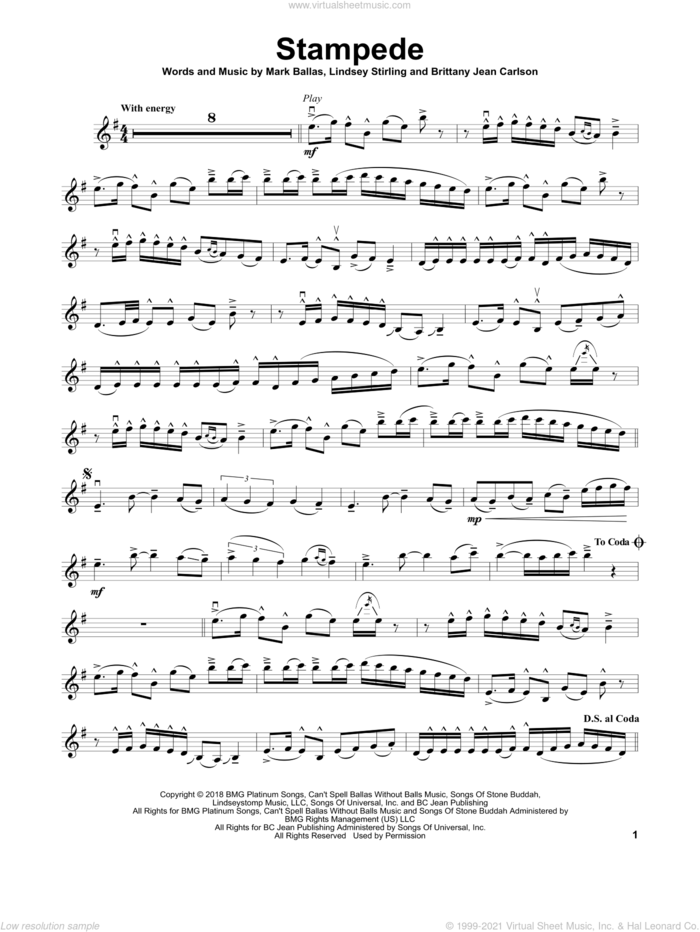Stampede sheet music for violin solo by Lindsey Stirling, Brittany Jean Carlson and Mark Ballas, intermediate skill level