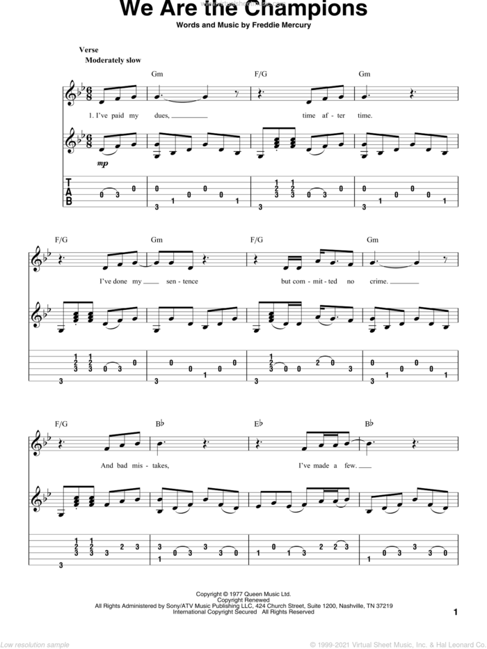 We Are The Champions sheet music for guitar solo by Queen and Freddie Mercury, intermediate skill level