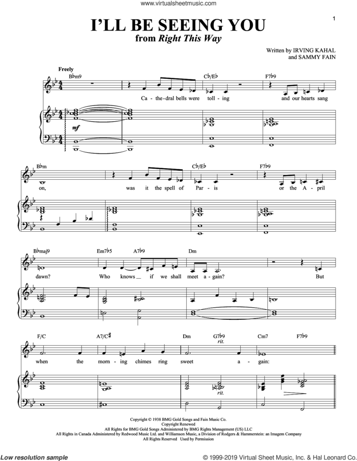 I'll Be Seeing You sheet music for voice and piano by Irving Kahal, Richard Walters and Sammy Fain, intermediate skill level