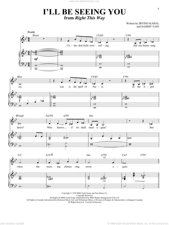 I'll Be Seeing You sheet music for voice and piano by Irving Kahal, Richard Walters and Sammy Fain, intermediate skill level