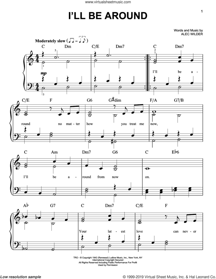 I'll Be Around sheet music for piano solo by The Mills Brothers and Alec Wilder, easy skill level