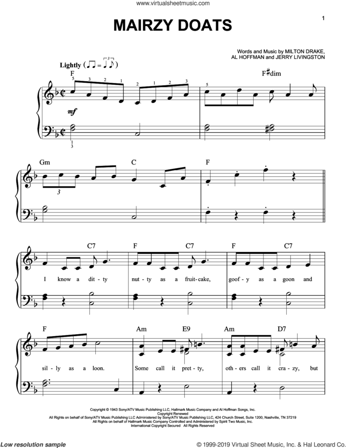 Mairzy Doats sheet music for piano solo by Jerry Livingston, Al Hoffman and Milton Drake, easy skill level