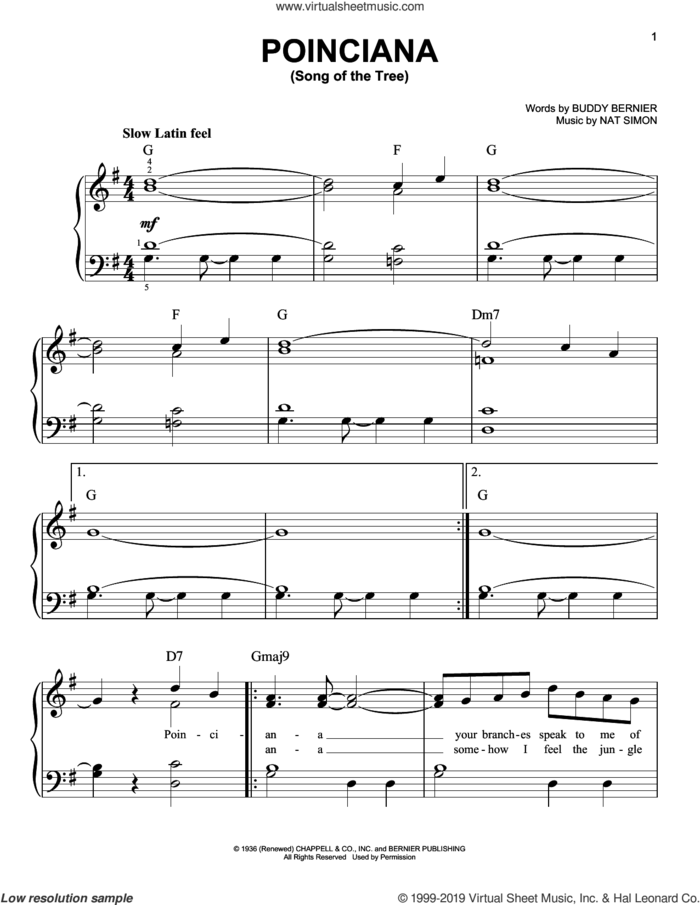 Poinciana (Song Of The Tree) sheet music for piano solo by Buddy Bernier and Nat Simon, easy skill level