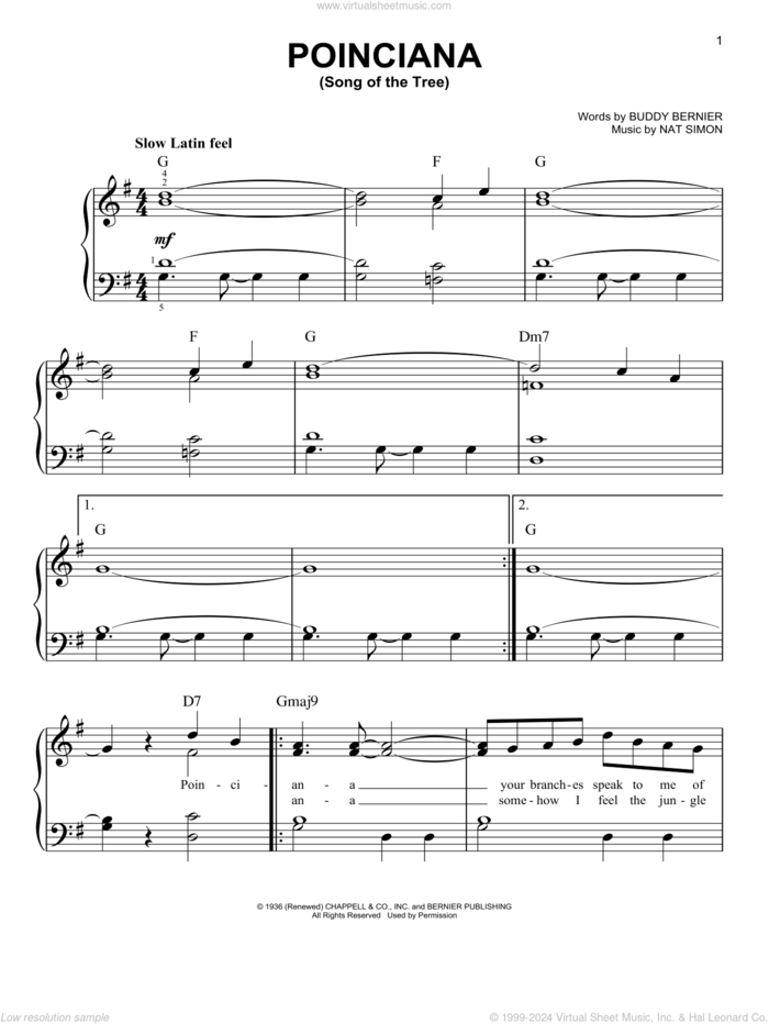 Poinciana (Song Of The Tree) sheet music for piano solo by Buddy Bernier and Nat Simon, easy skill level