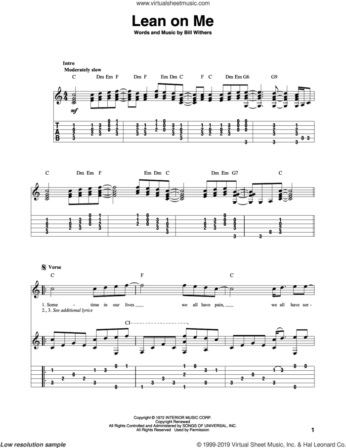 Lean On Me sheet music for guitar solo by Bill Withers, intermediate skill level