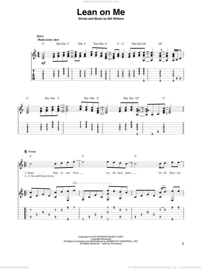 Lean On Me, (intermediate) sheet music for guitar solo by Bill Withers, intermediate skill level