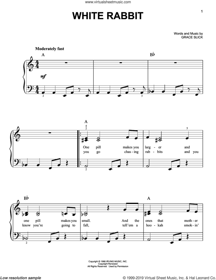 White Rabbit sheet music for piano solo by Jefferson Airplane and Grace Slick, easy skill level