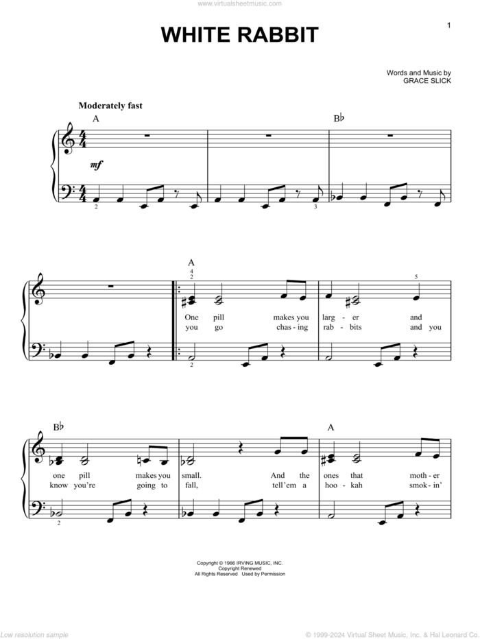 White Rabbit sheet music for piano solo by Jefferson Airplane and Grace Slick, easy skill level