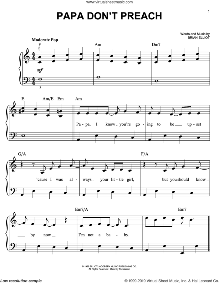 Papa Don't Preach sheet music for piano solo by Madonna and Brian Elliot, easy skill level