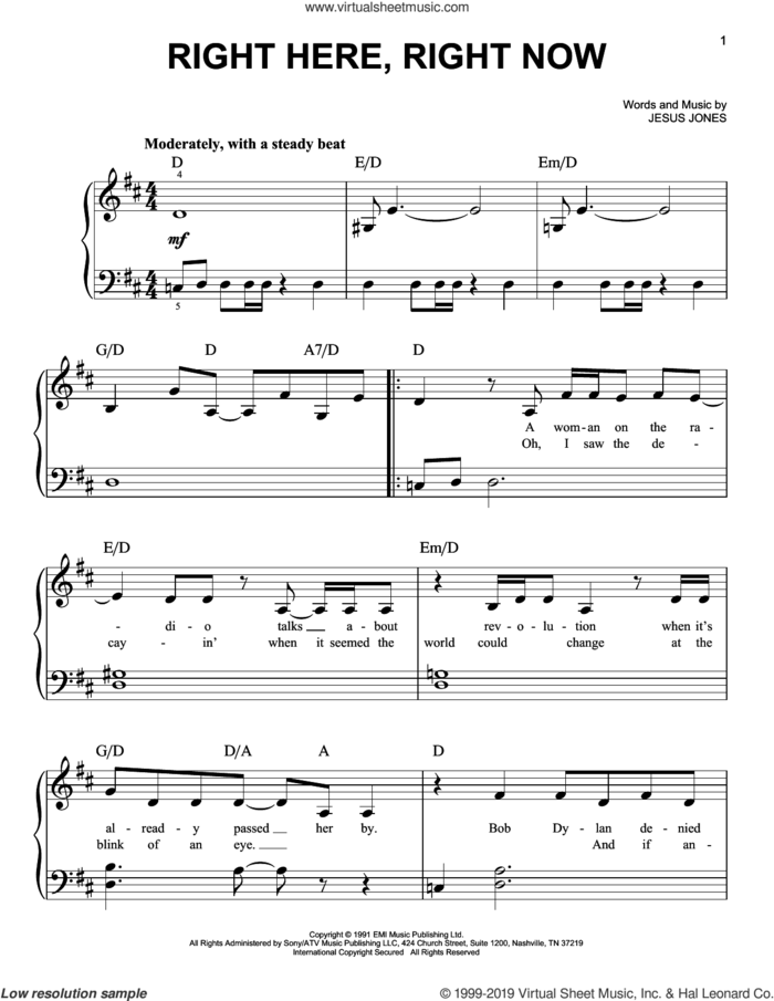 Right Here, Right Now sheet music for piano solo by Jesus Jones and Michael Edwards, easy skill level