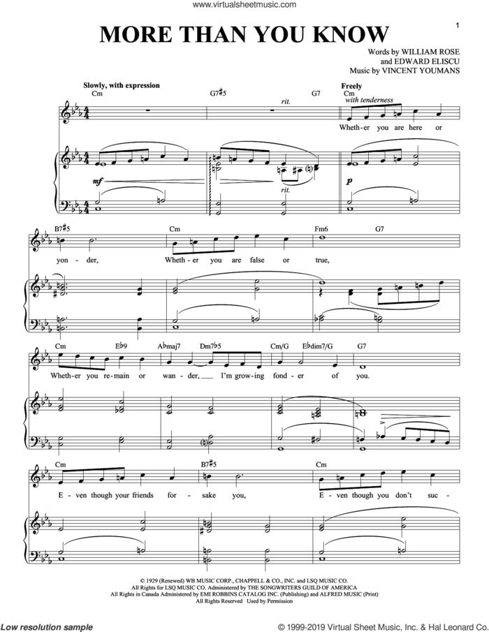 More Than You Know sheet music for voice and piano (Soprano) by William Rose, Richard Walters, Edward Eliscu and Vincent Youmans, intermediate skill level