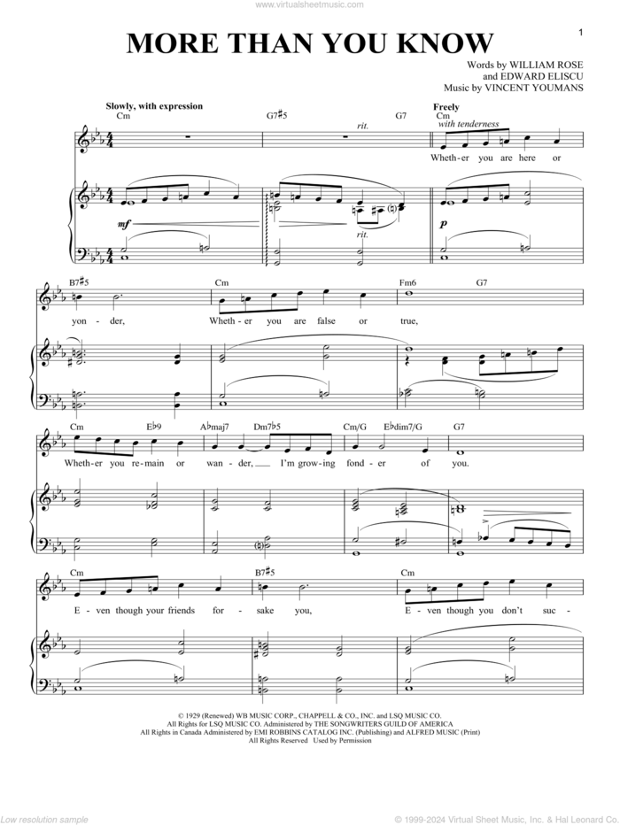 More Than You Know sheet music for voice and piano (Soprano) by William Rose, Richard Walters, Edward Eliscu and Vincent Youmans, intermediate skill level