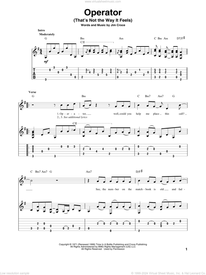 Operator (That's Not The Way It Feels) sheet music for guitar solo by Jim Croce, intermediate skill level