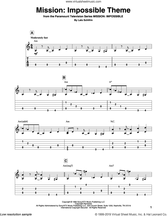 Mission: Impossible Theme sheet music for guitar solo by Lalo Schifrin, intermediate skill level