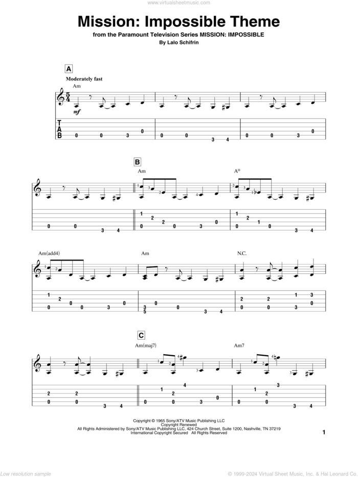 Mission: Impossible Theme sheet music for guitar solo by Lalo Schifrin, intermediate skill level