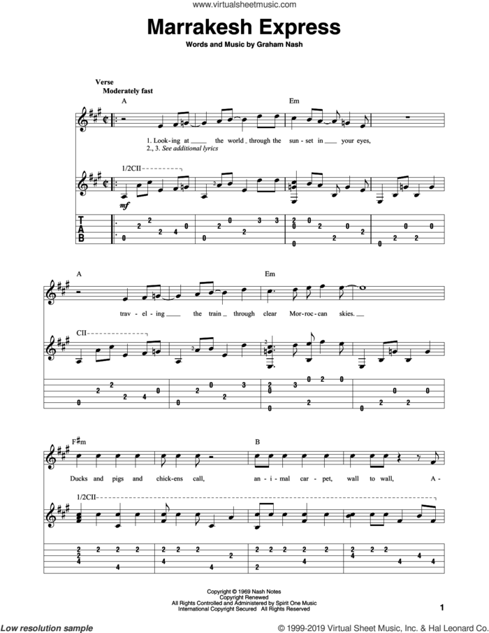 Marrakesh Express sheet music for guitar solo by Crosby, Stills & Nash and Graham Nash, intermediate skill level